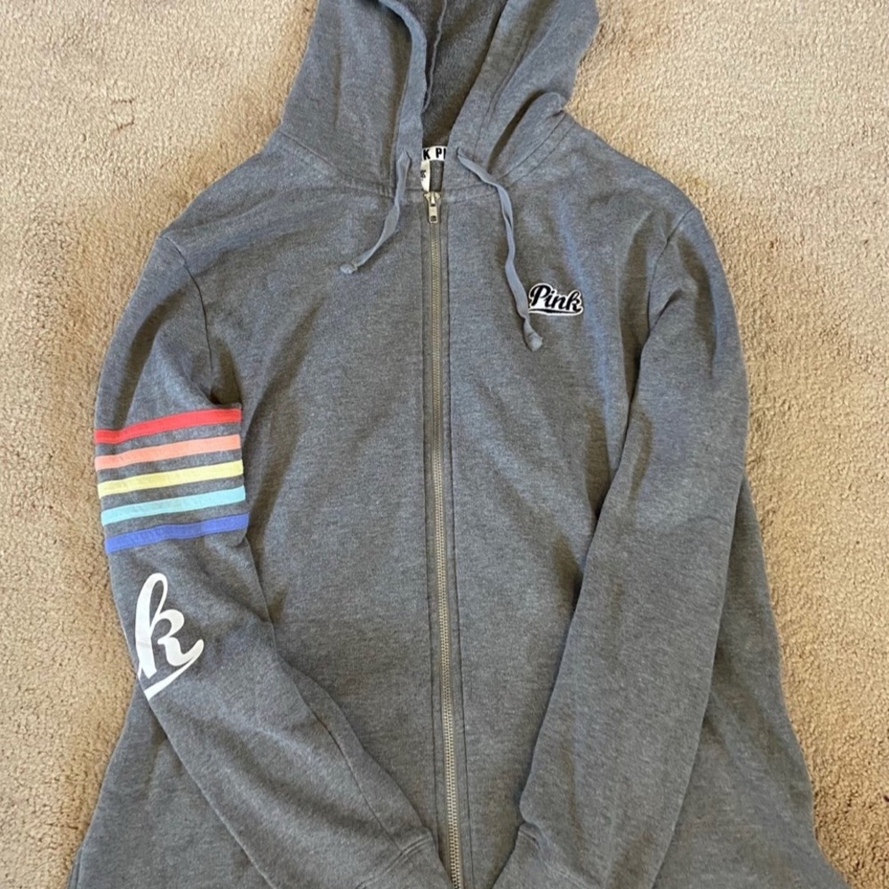 Victoria's Secret Gray Hoodie with Colorful Stripes